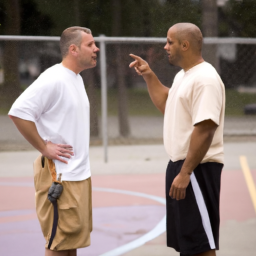 Two men standing on a basketball court in the middle of an intense conversation.