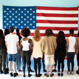 description: an anonymous image shows a diverse group of people, representing different ethnicities and genders, coming together in unity. they are standing in front of the american flag, symbolizing the collective strength and resilience of the nation.