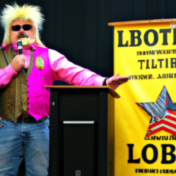 description: a photo of joe exotic standing behind a podium with a libertarian banner in the background.