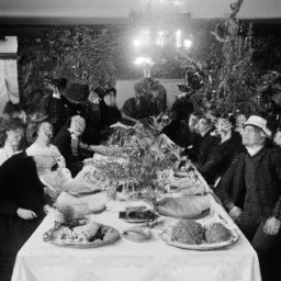 description: a black and white photograph depicting a group of people gathered around a long table filled with an abundant thanksgiving feast. the table is adorned with autumnal decorations, and everyone is seen laughing and enjoying each other's company.category: congress