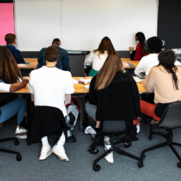 description: an anonymous image shows a diverse group of high school students engaged in a lively discussion in a classroom, with a whiteboard in the background displaying various academic concepts.