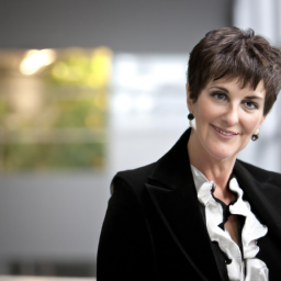 a woman in her late 50s with short brown hair wearing a black blazer and white blouse. she is smiling and looking directly at the camera. the background is blurred, but there are hints of a modern office setting.