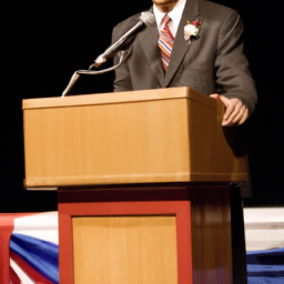 description: a man in a suit standing behind a podium, speaking into a microphone with a serious expression on his face.