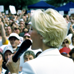 description: a photo of a woman holding a microphone and speaking at a political rally. the woman is wearing a white pantsuit and has short blonde hair. the background is a sea of people holding signs and cheering.