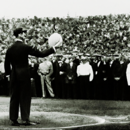 description: an anonymous image shows a man in a suit standing on a baseball field, surrounded by cheering crowds. he holds a baseball in one hand, ready to throw a pitch. the image captures the excitement and anticipation of a world series event.