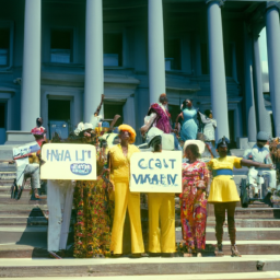 description: a group of people holding signs and chanting in front of a government building. they are wearing brightly colored clothing and appear to be of diverse ages and ethnicities.