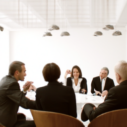description: an anonymous image shows a group of people engaged in a discussion, seated around a table in a conference room. they are in professional attire, indicating a formal setting. the image conveys the idea of individuals actively involved in lobbying, advocating for their interests and engaging in dialogue to influence decision-making processes.