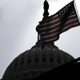 description: a silhouette of the capitol building with the american flag waving in the background.