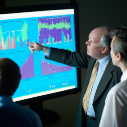 description: a group of people engrossed in a lively discussion, with charts and graphs displayed on a screen in the background.