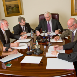 A group of government officials gathered around a table discussing policy and legislation.