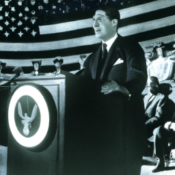 description: a photograph showing a confident and determined individual addressing a crowd during a political event. the person is standing behind a podium adorned with the official seal of the united states.