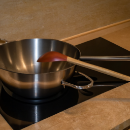 A stainless steel wok set on a stovetop, with a wooden spoon and chopsticks lying at the side.