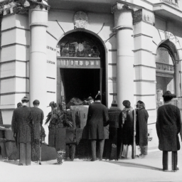 description: a black and white photograph showing a group of people queuing in front of a closed bank, symbolizing the economic crisis during the 1930s.category: international