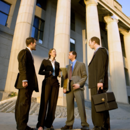 A group of people in suits standing outside a large building, discussing.