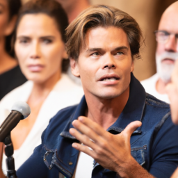 description: an anonymous image shows rob lowe speaking at a panel discussion, surrounded by fellow actors and activists. they are engaged in a lively conversation, with passionate gestures and expressions on their faces. the image captures the essence of lowe's involvement in political discussions and his dedication to raising awareness for important causes.