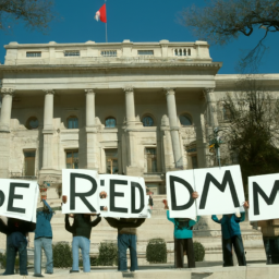 A group of people demonstrating in front of a government building, holding up signs that say "Demand Reform!"