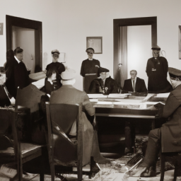 description (anonymous): an image depicting a historic moment during world war ii, showing a group of government officials gathered in a study, with president franklin d. roosevelt at the center, discussing strategies and making important decisions.
