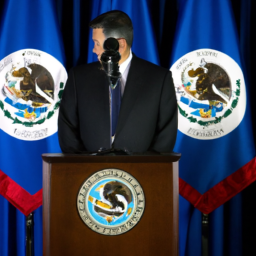 description: una imagen anónima de un hombre con traje y corbata en una conferencia de prensa, hablando frente a un podio con el escudo presidencial de estados unidos detrás de él.