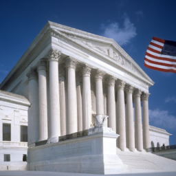 description: an image of the supreme court building, with the american flag waving in the foreground.
