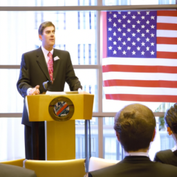 a man in a suit and tie stands at a podium, speaking to a group of people seated in chairs in front of him. the room is brightly lit, with windows and a large american flag visible in the background.