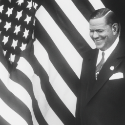 description: a photograph of a man in a suit standing in front of an american flag. the man's face is obscured, but he appears to be smiling. the image is anonymous and does not feature any recognizable politicians or public figures.