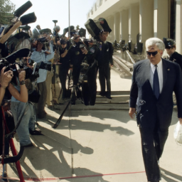Description: An image of a former president walking out of a courthouse with reporters surrounding him, holding microphones and cameras.