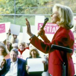 description: a woman speaking at a political rally, surrounded by supporters holding signs and cheering. the woman is wearing a red blazer and a white blouse. she has blonde hair and is holding a microphone.