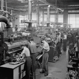 description: a black and white photograph showcasing a bustling factory scene with workers operating machinery and supervisors overseeing the production process.
