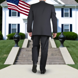 A person in a suit walking up to a home with an American flag flying in the background.