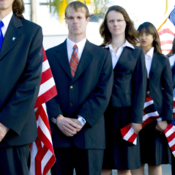 A group of people standing in a line, wearing formal attire and with American flags in the background.