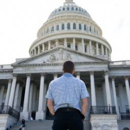 A person is standing in front of the United States Capitol Building, looking up at the dome.