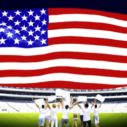 description: a group of people gathered in a stadium, cheering and holding banners, with an american flag in the background.category: white house