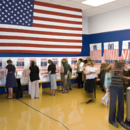 description: an anonymous image of a crowded polling station during a primary election, with voters lining up to cast their ballots. the room is filled with american flags and campaign posters, reflecting the patriotic and competitive atmosphere of the primaries.