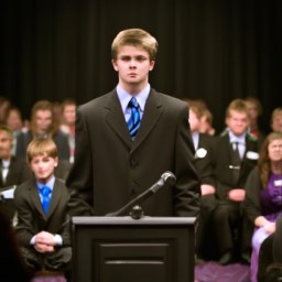 A young man stands in front of a podium, looking determined and confident. He is wearing a dark suit and tie and is surrounded by a crowd of people.