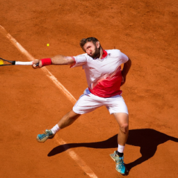 description: a professional tennis player competes on a clay court, displaying remarkable skills and agility.