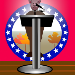 A picture of the state of Arkansas with a podium in the foreground with a microphone on top of it. A person is standing behind the podium, speaking into the microphone.