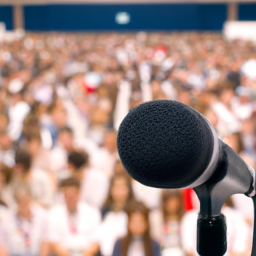 description: an anonymous image featuring a microphone with a backdrop of a crowd.category: congress