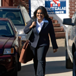 description: an image shows mazi melesa pilip, a candidate in the new york special election, leaving a polling station in massapequa, new york.