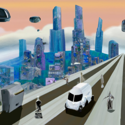 description: an anonymous image showing a futuristic city skyline with flying cars and ai-powered robots walking among humans. the image depicts a world in which ai has become an integral part of daily life, including in politics and governance.