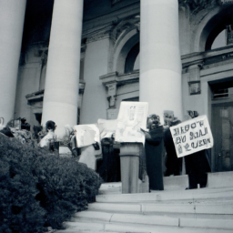 description: a group of people holding signs and protesting outside of a government building.