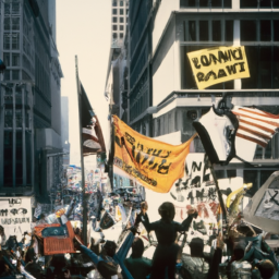 description: a group of people holding signs and chanting slogans at a political rally. they are standing on a city street, surrounded by tall buildings and waving flags of different colors and designs.