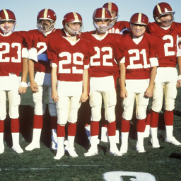 description: a young quarterback in a san francisco 49ers jersey, standing confidently on the football field, surrounded by his teammates.