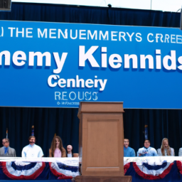 description: an image of a podium with the words "tim kennedy for congress" displayed prominently. a diverse group of people can be seen in the background, expressing support and holding signs in favor of kennedy's campaign.