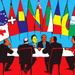 description: an image depicting a group of world leaders engaged in a heated discussion at a global summit. they are surrounded by flags representing different nations.