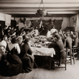 description: an anonymous image depicts a group of people, both pilgrims and native americans, gathered around a large table filled with various dishes, including a roasted turkey, cranberry sauce, and pumpkin pie. they are engaged in lively conversation and seem to be enjoying the festive atmosphere.