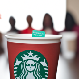 description: an image shows a starbucks coffee cup with a blank red sleeve, symbolizing the controversy and political neutrality starbucks is trying to maintain. the cup is placed against a backdrop of a diverse crowd, representing the global reach of the brand.