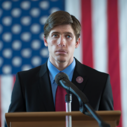 description: a man in a suit and tie standing behind a podium with a microphone in front of him. he has short hair and a serious expression on his face. the background is blurred, but there are a few american flags visible.