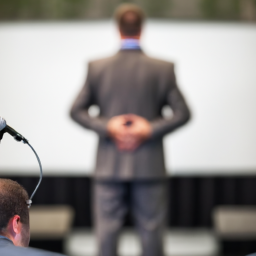 description: a photo of a person in a suit standing at a podium, giving a speech. the background is a blurred out audience.