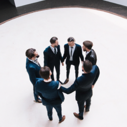 A group of people in suits standing in a circle, facing each other and discussing something.