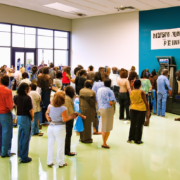 description: an image showing a crowded polling station with people waiting in line to cast their votes. the scene is filled with anticipation and democratic enthusiasm as citizens exercise their right to vote anonymously.